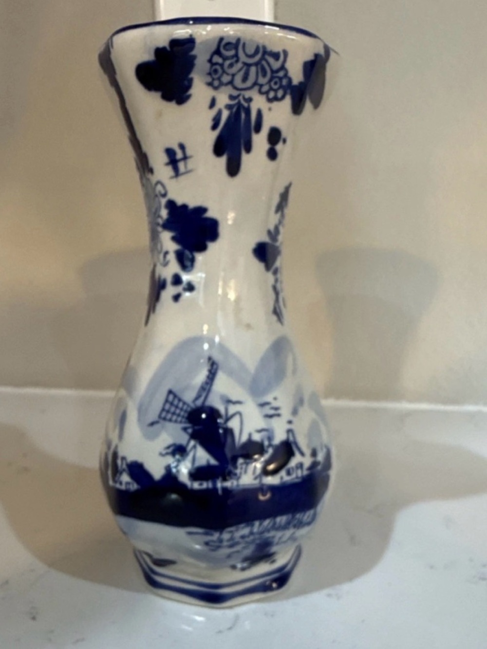 Delft Blue And White Ceramic Vase Hand Painted Floral Windmills Dutch Glossy 6in